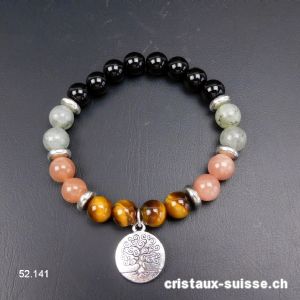 Bracelet Onyx - Labradorite - Pierre de Lune - Oeil de Tigre 8 mm / 17,5 cm, ARBRE DE VIE. Taille S