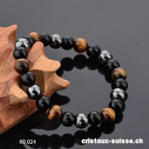 Bracelet Oeil de Tigre-Hématite-Obsidienne 8 mm, élastique 19 cm