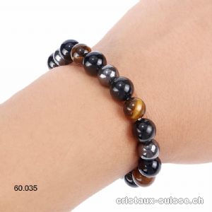 Bracelet Oeil de Tigre-Hématite-Obsidienne 10 mm/19,5 - 20 cm