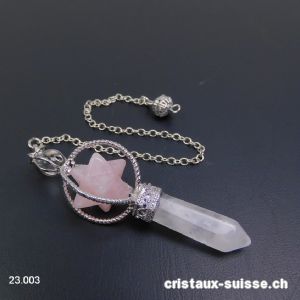 Pendule Cristal de Roche et Merkaba Quartz rose, env. 6,5 cm