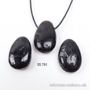 Tourmaline noire percée 2,5 - 3 cm avec cordon en cuir. Qual. B. Offre Spéciale