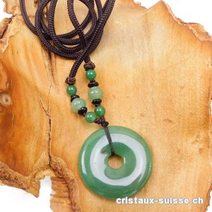 Collier Donut Aventurine verte 4 cm, avec cordon tissu brun foncé