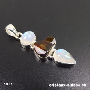 Pendentif Agate de Feu et Pierre de Lune arc-en-ciel en argent 925. Pièce unique