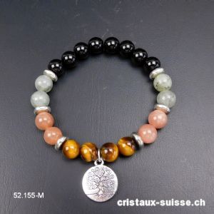 Bracelet Onyx - Labradorite - Pierre de Lune - Oeil de Tigre 8 mm / 19 cm, ARBRE DE VIE. Taille ML