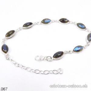 Bracelet Labradorite bleue Navette en argent 925, réglable 17 - 20 cm