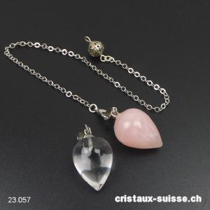Pendule Quartz rose et Cristal de verre 2 cm, chaînette amovible. Offre Spéciale