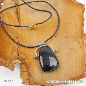 Obsidienne noire-argentée percée avec Support métal et collier cuir 47 cm. Pièce unique