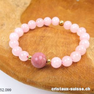 Bracelet Quartz rose - Rhodonite 8,5 mm / 18 cm. Taille M