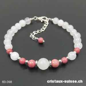 Bracelet Rhodonite - Jade blanc avec fermoir métal, Réglable 19 - 23,5 cm