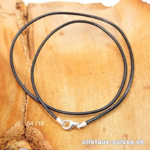 Collier cuir noir / fermoir argent 925. L. 80 cm