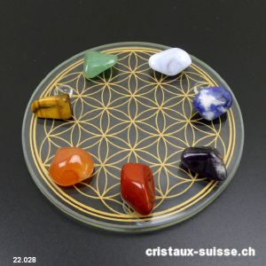 Kit Chakras avec 7 cristaux et plateau en verre Fleur de Vie 9 cm