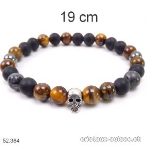 Bracelet CRÂNE Oeil de Tigre, Hématite, Obsidienne MATTE, Larvikite 8 mm / 19 cm