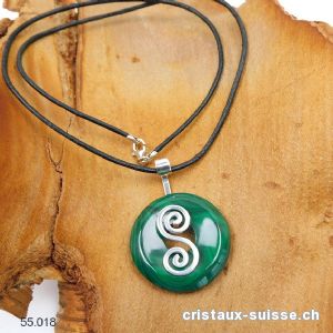 Collier Malachite donut 3 cm et Support DOUBLE SPIRALE en argent 925. Pièce unique