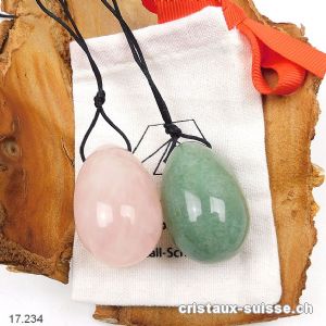 Lot 2 Oeufs YONI L, Quartz rose - Aventurine verte. Percés. Offre Spéciale