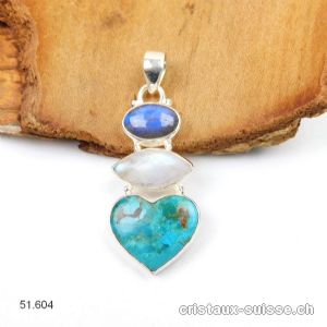 Pendentif Chrysocolle, Labradorite, Pierre de Lune en argent 925. Pièce unique