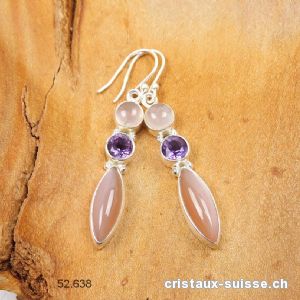 Boucles d'oreilles Pierre de Lune - Améthyste - Quartz Rose en argent 925