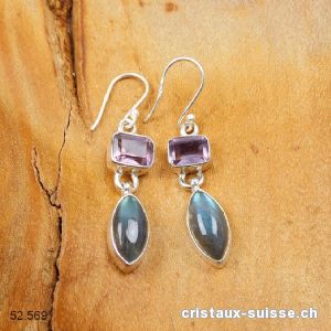 Boucles d'oreilles Labradorite - Améthyste en argent 925. Paire unique