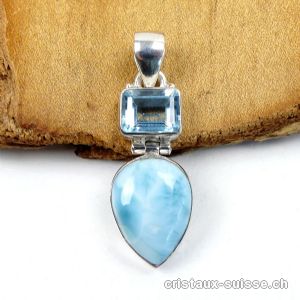 Pendentif Larimar et Topaze bleue en argent 925. Pièce unique