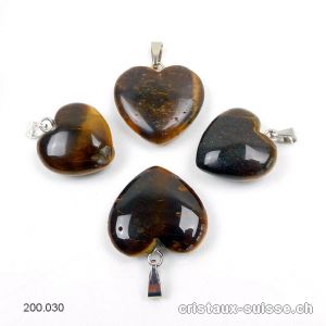 4 Pendentifs Oeil de Tigre Coeur, boucle métal. Lot unique