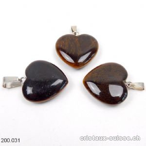 3 Pendentifs Oeil de Tigre Coeur, boucle métal. Lot unique