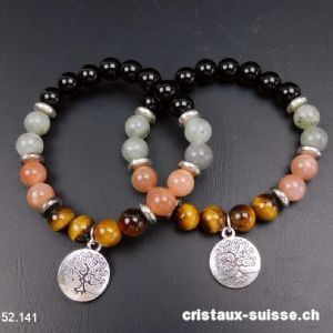 Bracelet Onyx - Labradorite - Pierre de Lune - Oeil de Tigre 8 mm / 17,5 cm, ARBRE DE VIE. Taille S