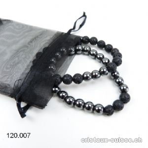 2 Bracelets Hématite et Lave 7,5-8,5 mm/19,5-20 cm. COURAGE et FORCE. Offre Spéciale