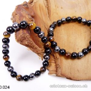 Bracelet Oeil de Tigre-Hématite-Obsidienne 8 mm, élastique 19 cm