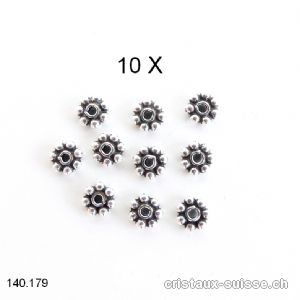 Lot 10 x Fleurs Ethno 4 mm, Intercalaire en argent 925 vieilli. OFFRE SPECIALE