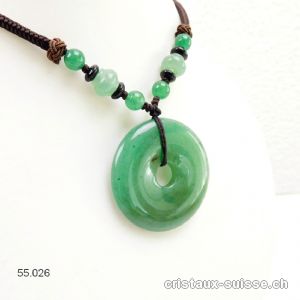 Collier Donut Aventurine verte 4 cm, avec cordon tissu brun foncé