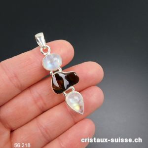 Pendentif Agate de Feu et Pierre de Lune arc-en-ciel en argent 925. Pièce unique