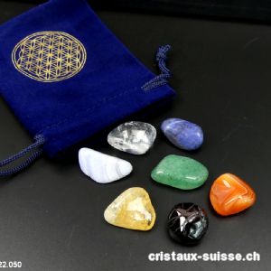 Kit Chakras 7 cristaux - pochette Fleur de Vie, avec Grenat