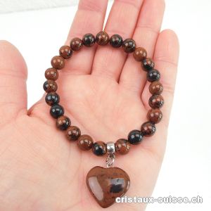 Bracelet Obsidienne Acajou 8 mm avec Coeur / élastique 18,5 cm