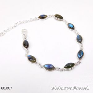 Bracelet Labradorite bleue Navette en argent 925, réglable 17 - 20 cm