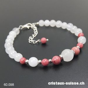 Bracelet Rhodonite - Jade blanc avec fermoir métal, Réglable 19 - 23,5 cm