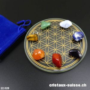 Kit Chakras avec 7 cristaux et plateau en verre Fleur de Vie 9 cm