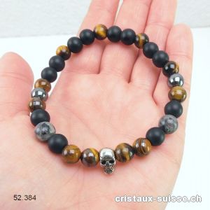 Bracelet CRÂNE Oeil de Tigre, Hématite, Obsidienne MATTE, Larvikite 8 mm / 19 cm