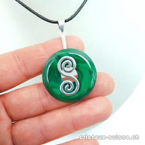 Collier Malachite donut 3 cm et Support DOUBLE SPIRALE en argent 925. Pièce unique