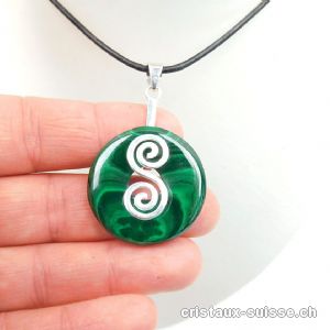 Collier Malachite donut 3 cm et Support DOUBLE SPIRALE en argent 925. Pièce unique