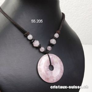 Collier Donut Quartz rose 4 cm avec cordon tissu brun foncé