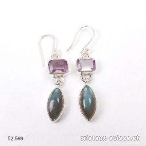 Boucles d'oreilles Labradorite - Améthyste en argent 925. Paire unique