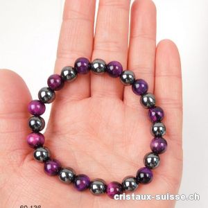 Bracelet Oeil de Tigre violet-fuchsia - Hématite 8 - 8,5 mm / 19 cm