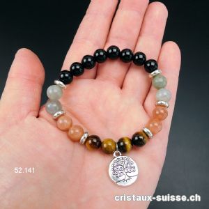 Bracelet Onyx - Labradorite - Pierre de Lune - Oeil de Tigre 8 mm / 17,5 cm, ARBRE DE VIE. Taille S