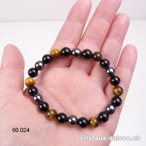 Bracelet Oeil de Tigre-Hématite-Obsidienne 8 mm, élastique 19 cm