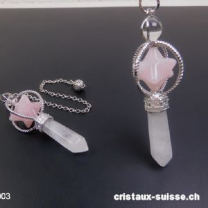 Pendule Cristal de Roche et Merkaba Quartz rose, env. 6,5 cm