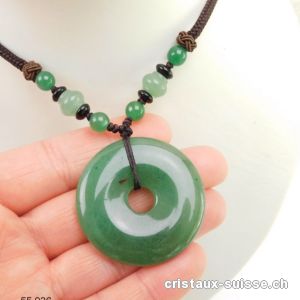 Collier Donut Aventurine verte 4 cm, avec cordon tissu brun foncé