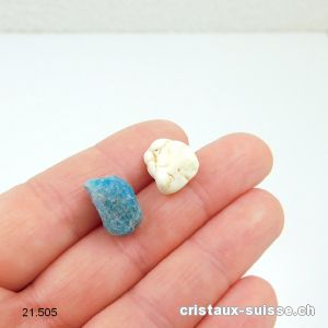 1 x Apatite bleue brute et 1 x Magnésite nodule. Taille S, 1 à 2 cm. Offre Spéciale