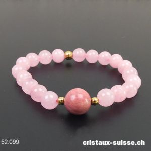 Bracelet Quartz rose - Rhodonite 8,5 mm / 18 cm. Taille M