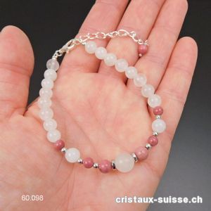 Bracelet Rhodonite - Jade blanc avec fermoir métal, Réglable 19 - 23,5 cm