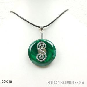 Collier Malachite donut 3 cm et Support DOUBLE SPIRALE en argent 925. Pièce unique