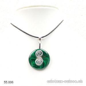 Collier Malachite donut 3 cm et Support DOUBLE SPIRALE en argent 925. Pièce unique